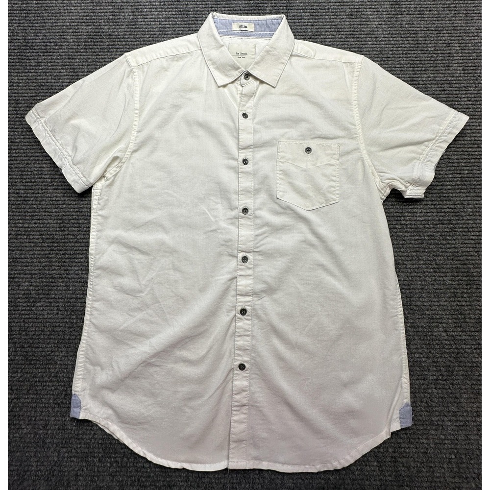 Six Lincoln Shirt Mens Medium White Slim‎ Fit Stretch Button Front Short Sleeve